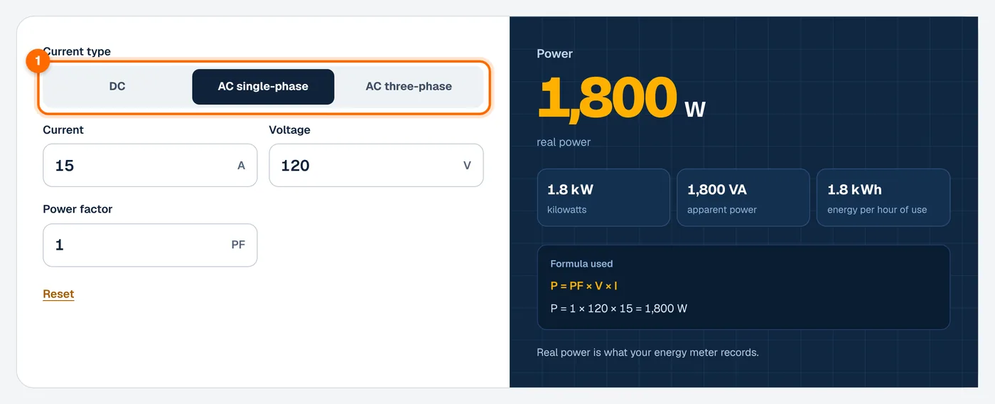 Step 1: choose the current type in the amps to watts calculator