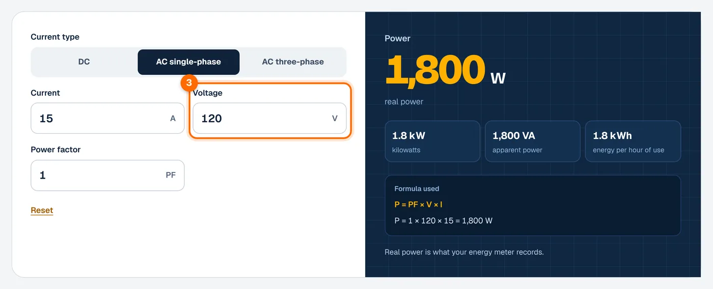 Step 3: enter the voltage in the amps to watts calculator