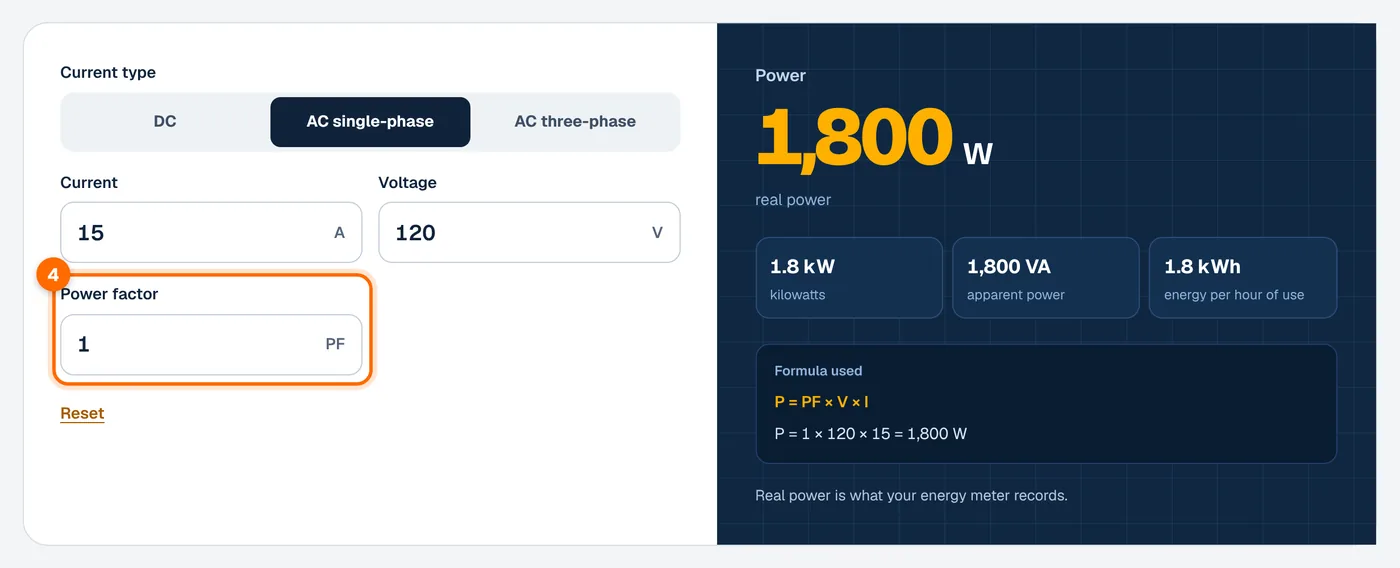 Step 4: enter the power factor in the amps to watts calculator