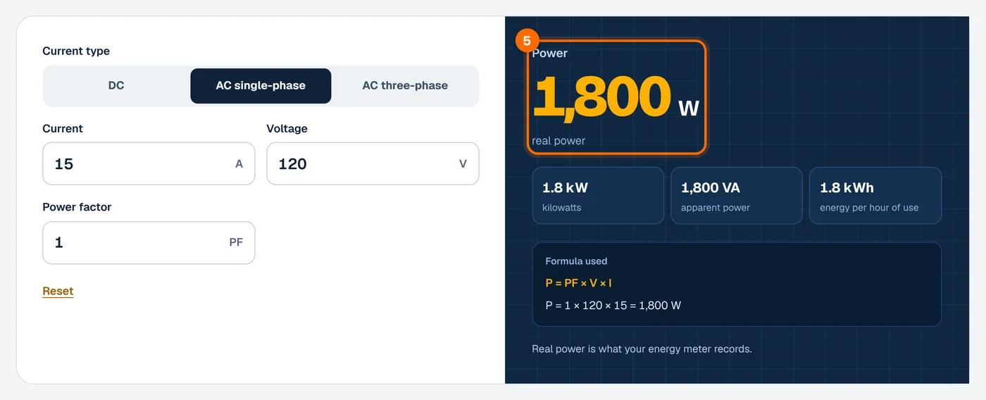 Step 5: read the power in watts in the amps to watts calculator