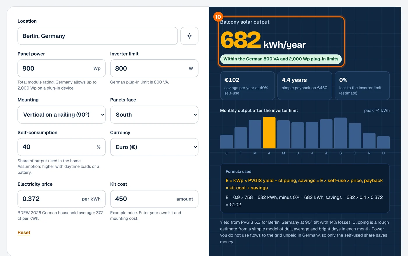 Step 10: read the yearly output in the Balcony Solar calculator