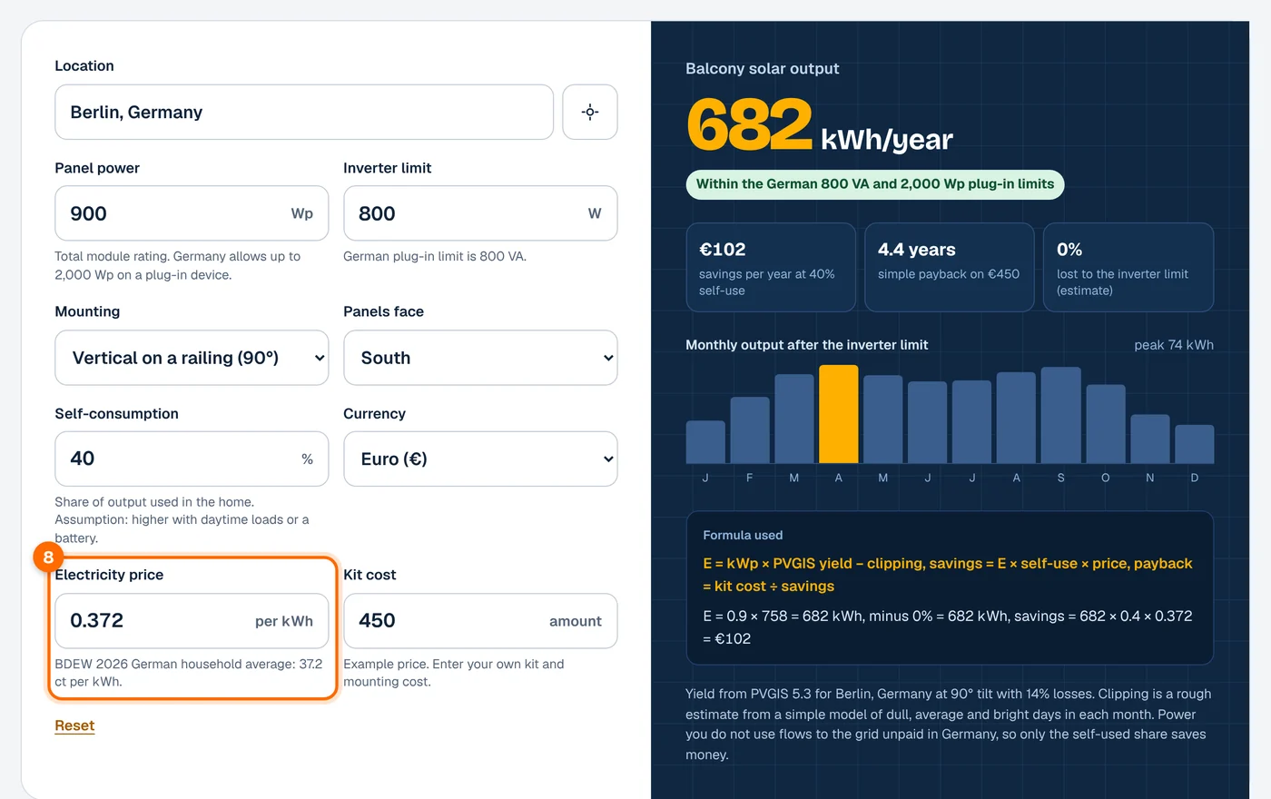Step 8: enter your electricity price in the Balcony Solar calculator