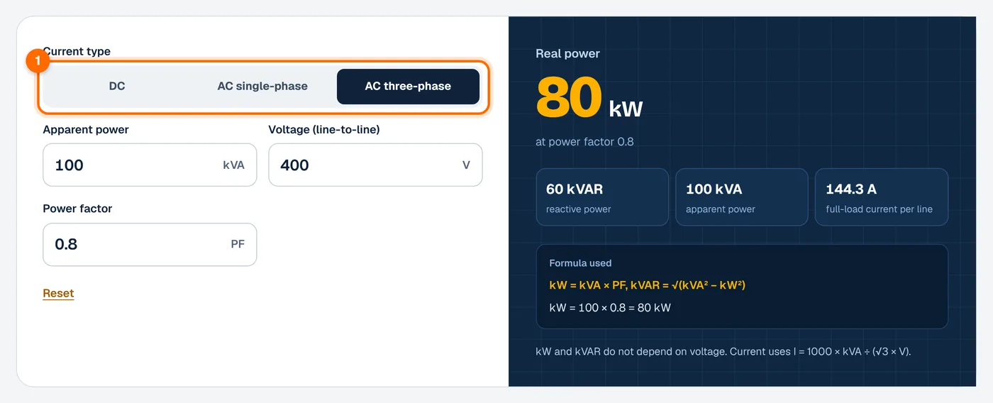 Step 1: choose the current type in the kVA to kW calculator