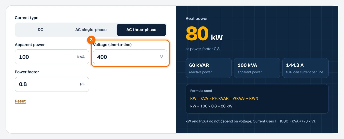 Step 3: enter the voltage in the kVA to kW calculator