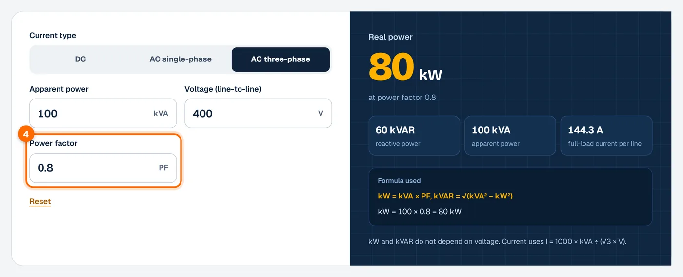 Step 4: enter the power factor in the kVA to kW calculator