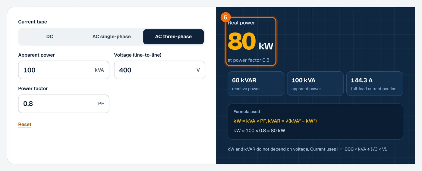 Step 5: read kW and kVAR in the kVA to kW calculator