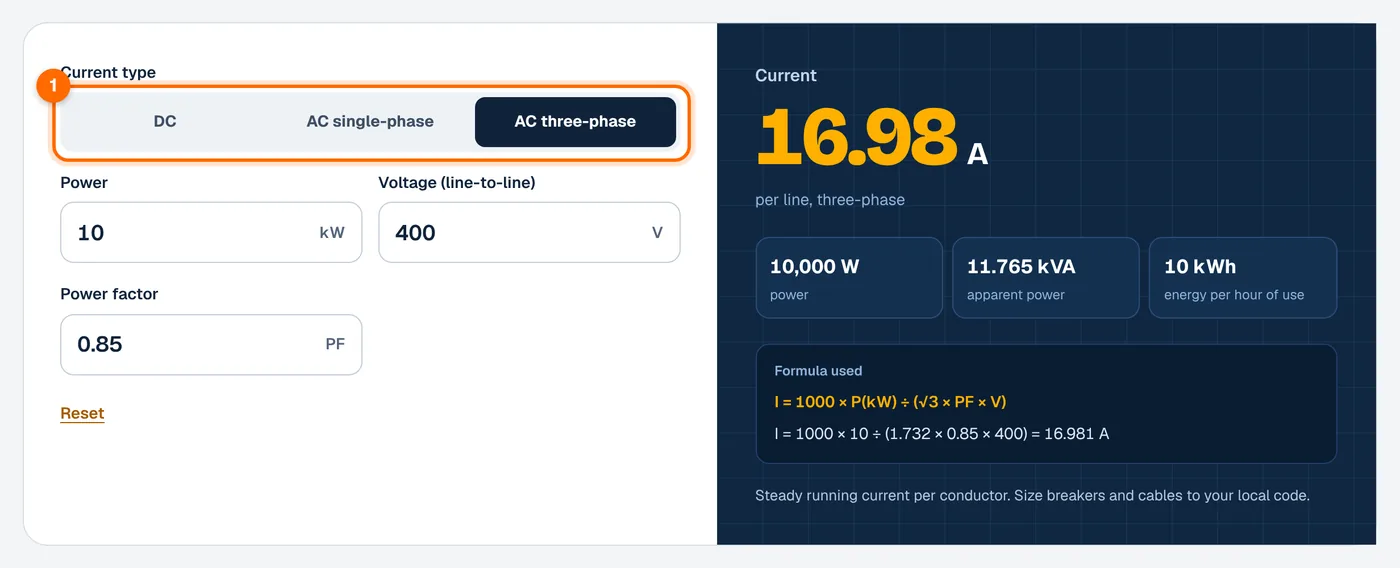 Step 1: choose the current type in the kW to amps calculator