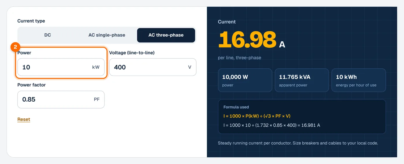 Step 2: enter the power in kilowatts in the kW to amps calculator
