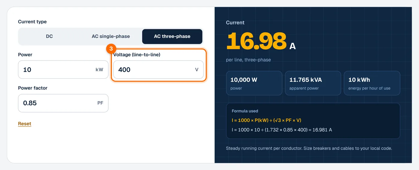 Step 3: enter the voltage in the kW to amps calculator