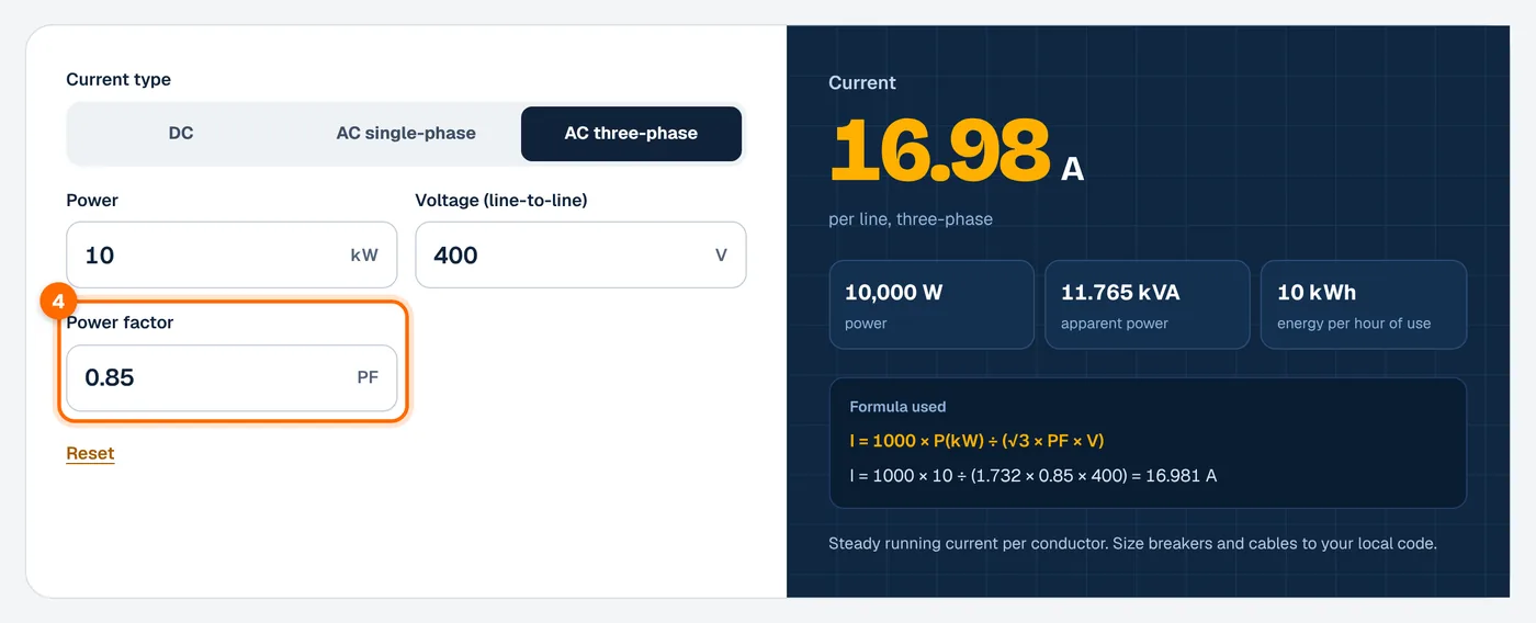 Step 4: enter the power factor in the kW to amps calculator
