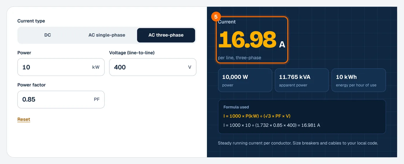 Step 5: read the current in the kW to amps calculator