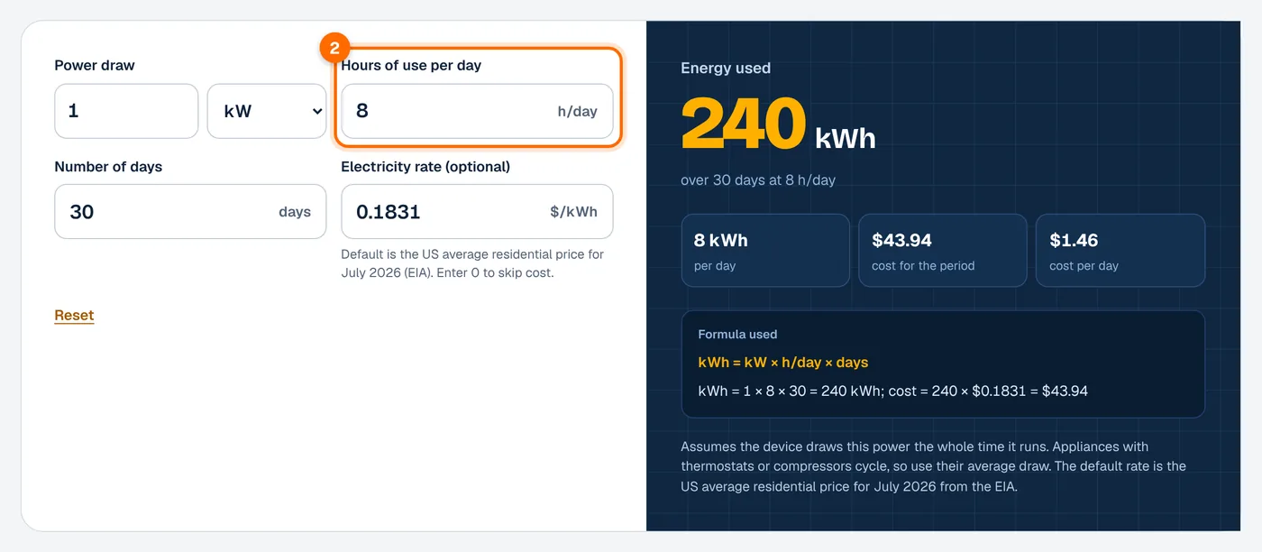 Step 2: enter the hours of use per day in the kWh calculator