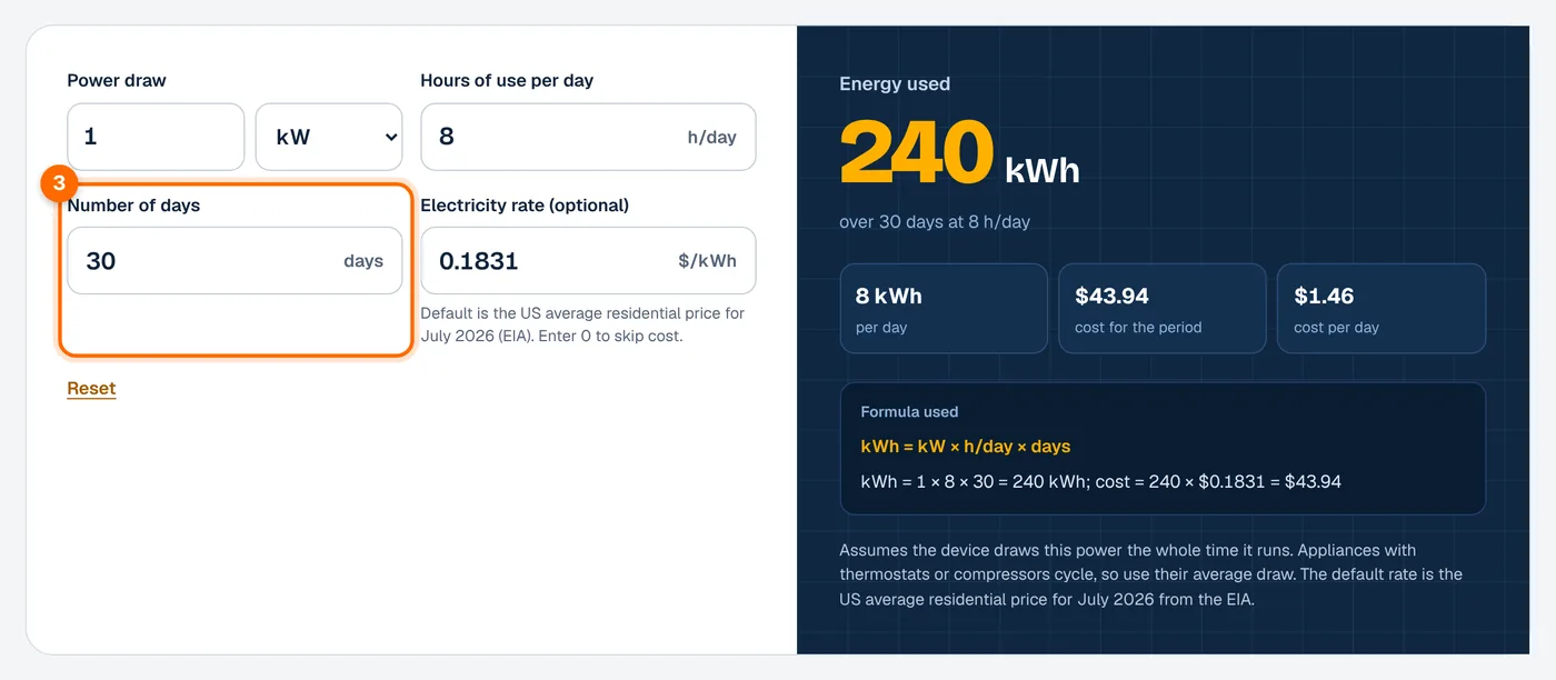 Step 3: enter the number of days in the kWh calculator