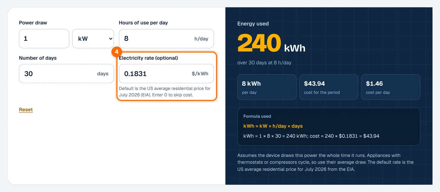 Step 4: enter your electricity rate in the kWh calculator