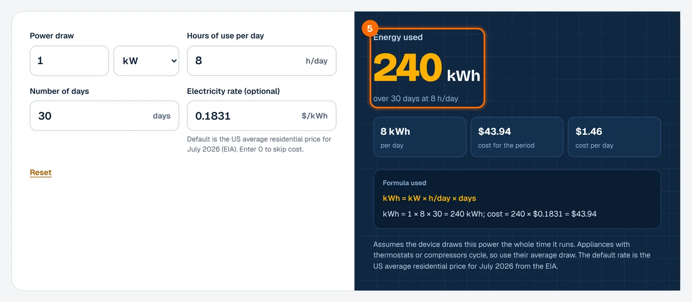 Step 5: read the total kWh in the kWh calculator
