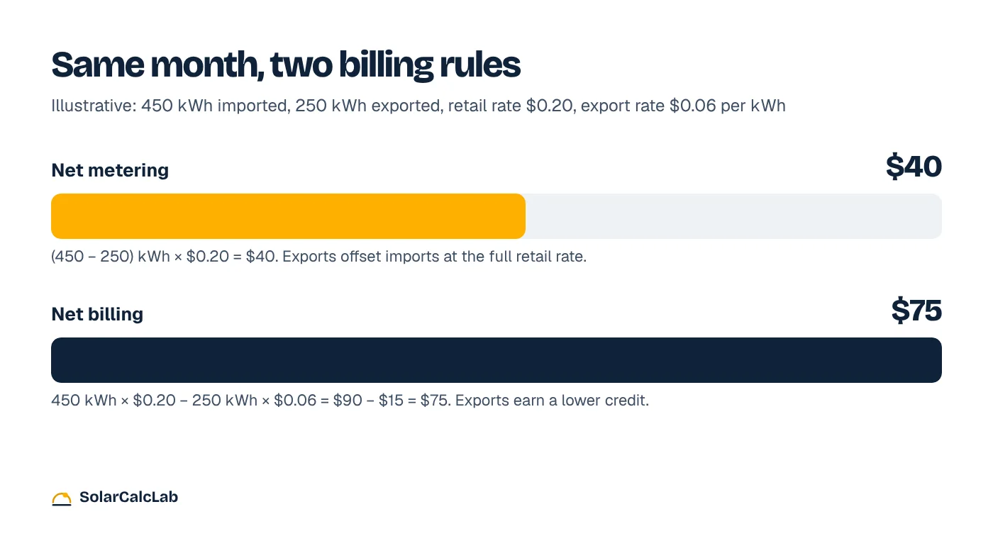 Illustrative bill comparison: the same month costs $40 under net metering and $75 under net billing