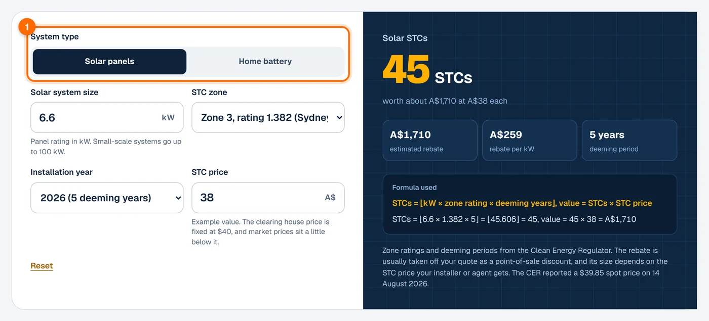 Step 1: choose the system type in the STC calculator
