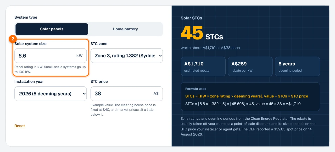 Step 2: enter the solar system size in the STC calculator