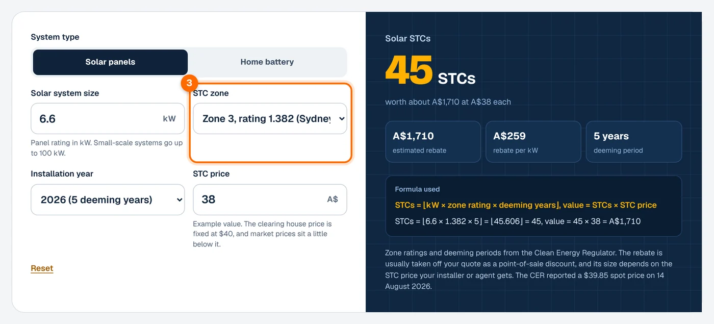 Step 3: choose your STC zone in the STC calculator