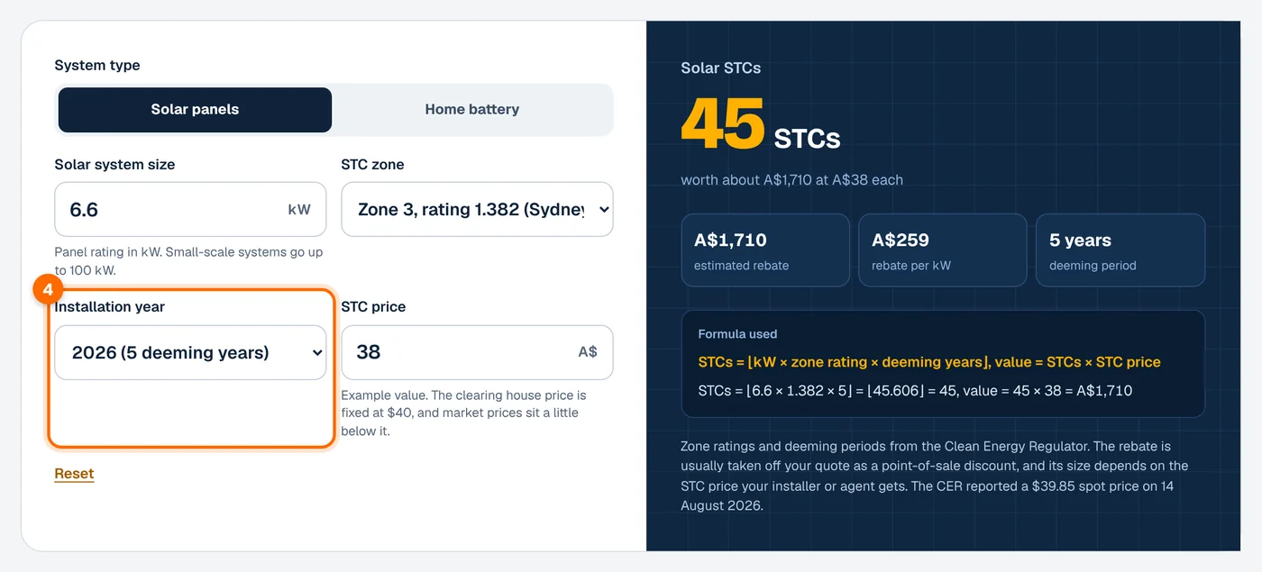 Step 4: choose the installation year in the STC calculator