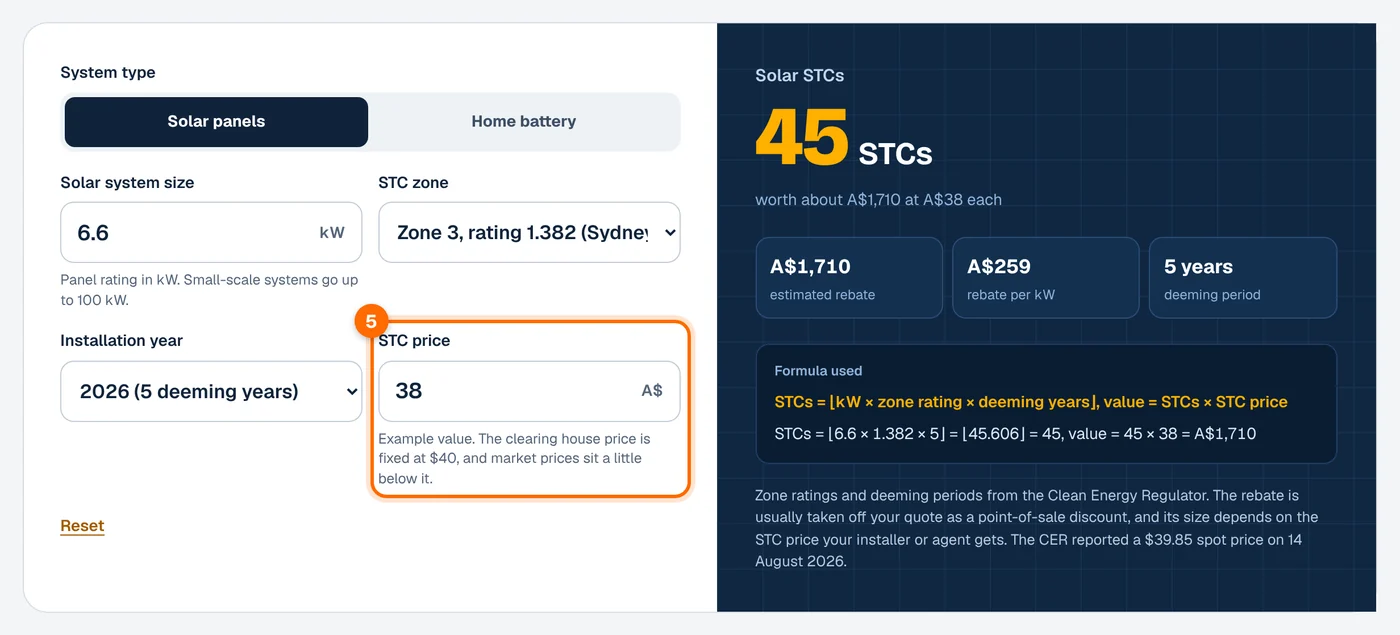 Step 5: enter the STC price in the STC calculator