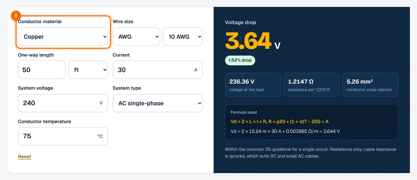 Step 1: choose the conductor material in the voltage drop calculator