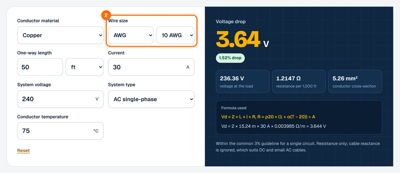 Step 2: choose the wire size in the voltage drop calculator