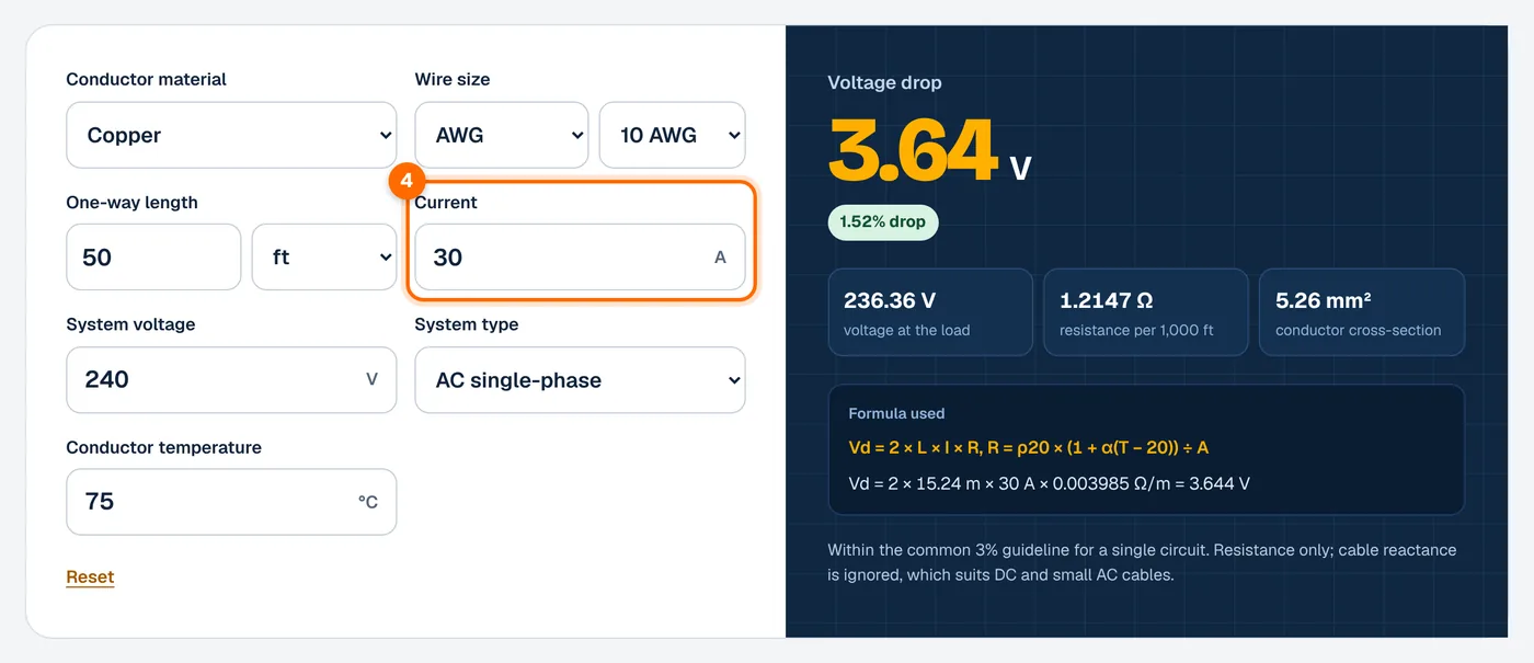 Step 4: enter the current in the voltage drop calculator