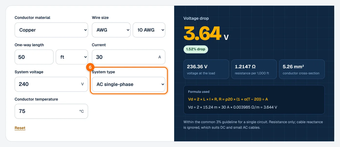 Step 6: choose the system type in the voltage drop calculator