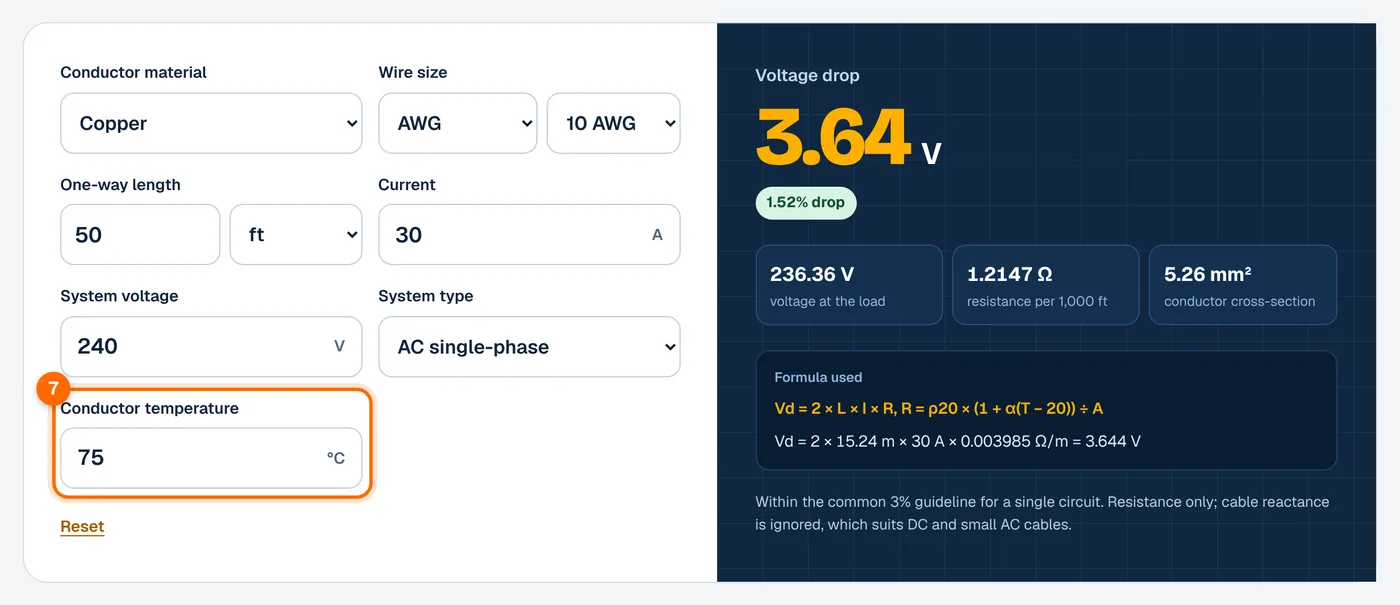 Step 7: set the conductor temperature in the voltage drop calculator