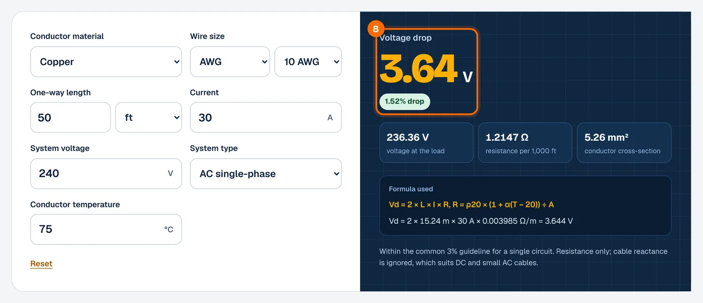 Step 8: read the result in the voltage drop calculator