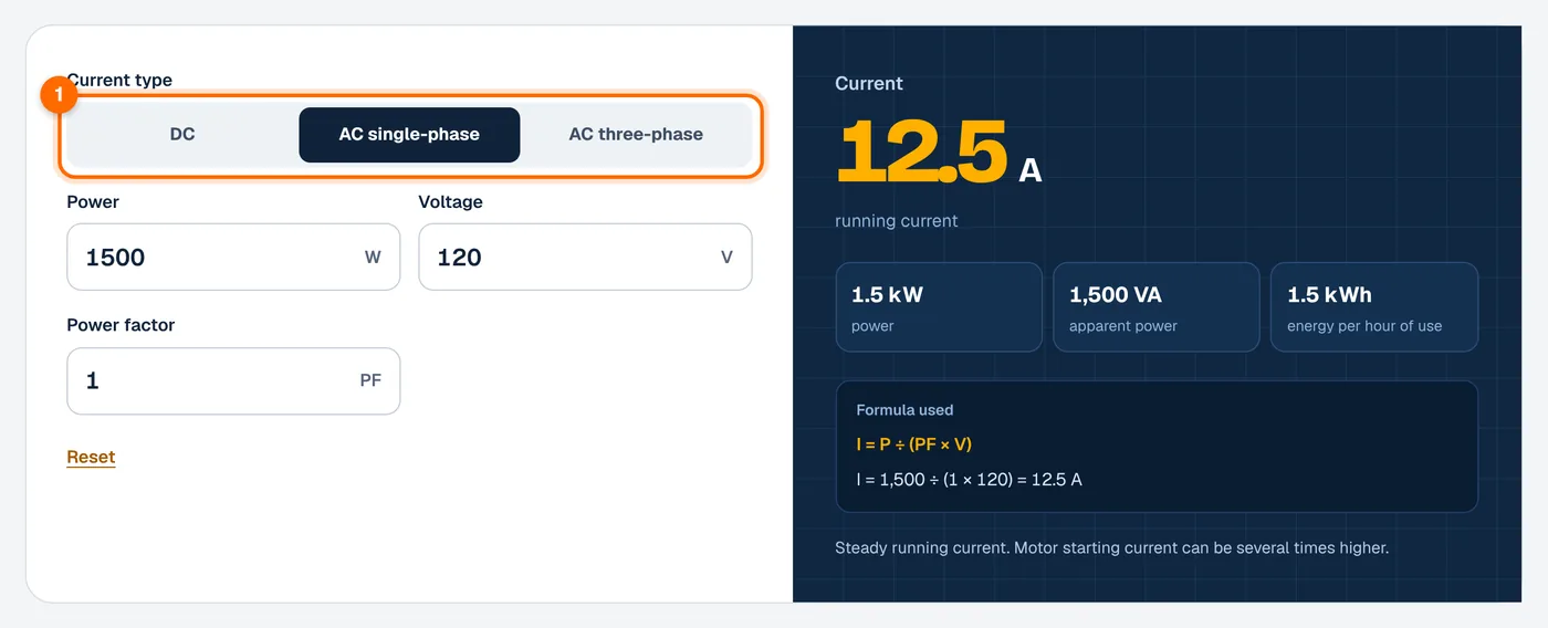 Step 1: choose the current type in the watts to amps calculator