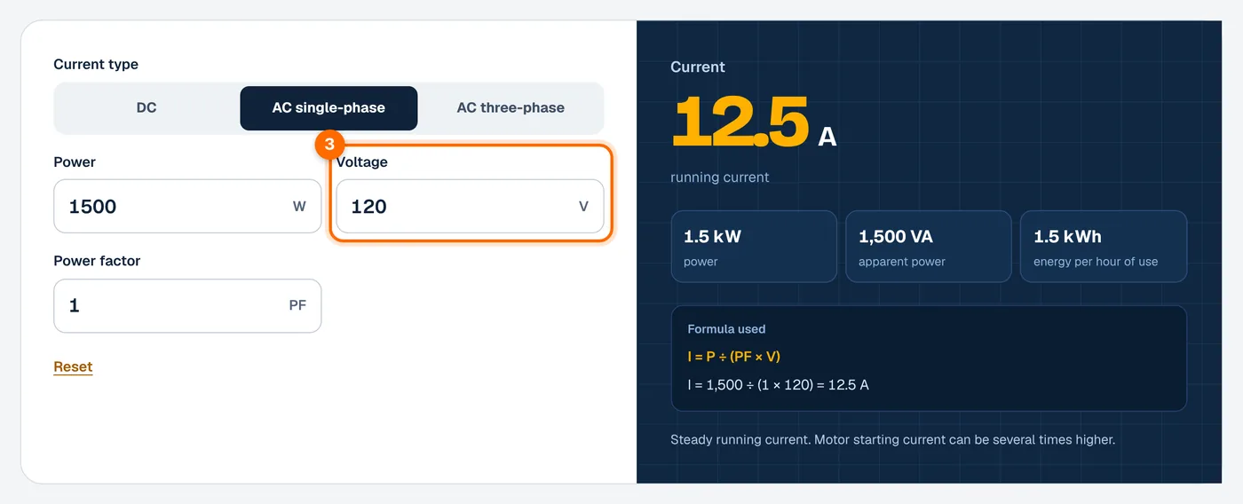 Step 3: enter the voltage in the watts to amps calculator