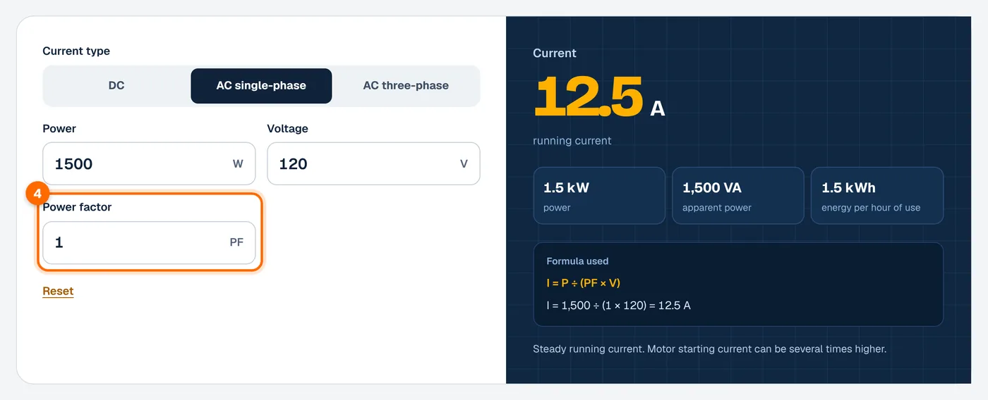 Step 4: enter the power factor in the watts to amps calculator