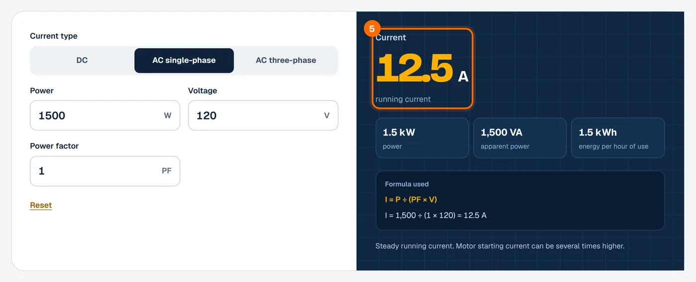 Step 5: read the current in amps in the watts to amps calculator