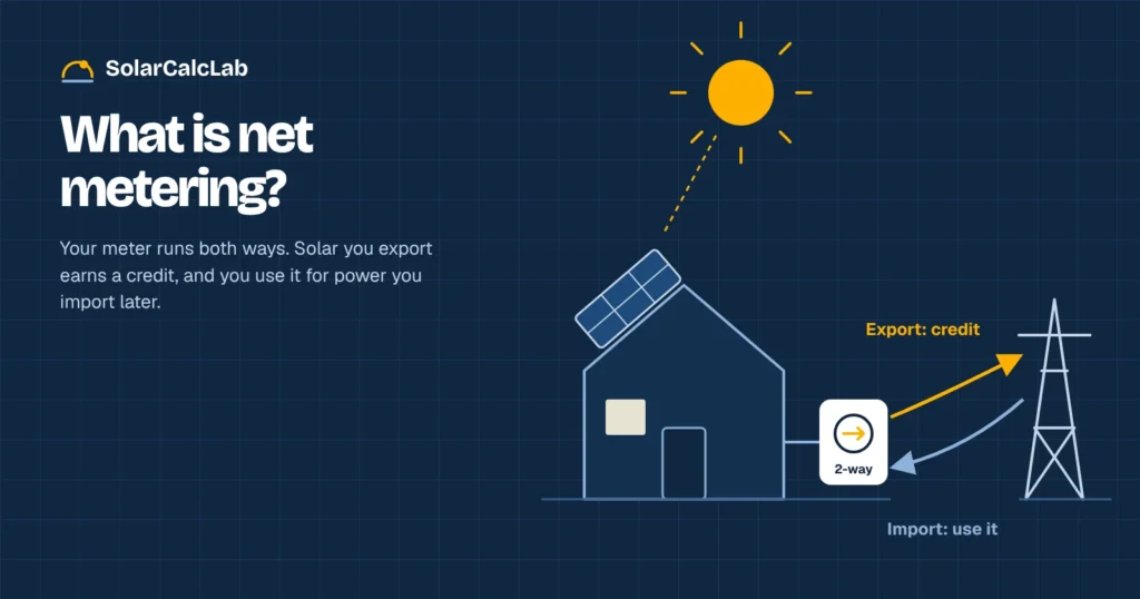 Diagram of rooftop solar panels on a home feeding a two-way meter, with arrows showing solar exports to the grid and electricity imports back to the house