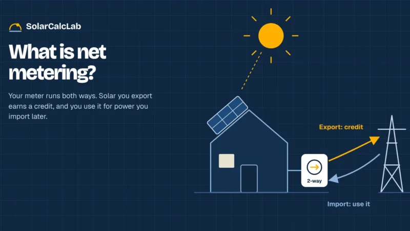 Diagram of rooftop solar panels on a home feeding a two-way meter, with arrows showing solar exports to the grid and electricity imports back to the house